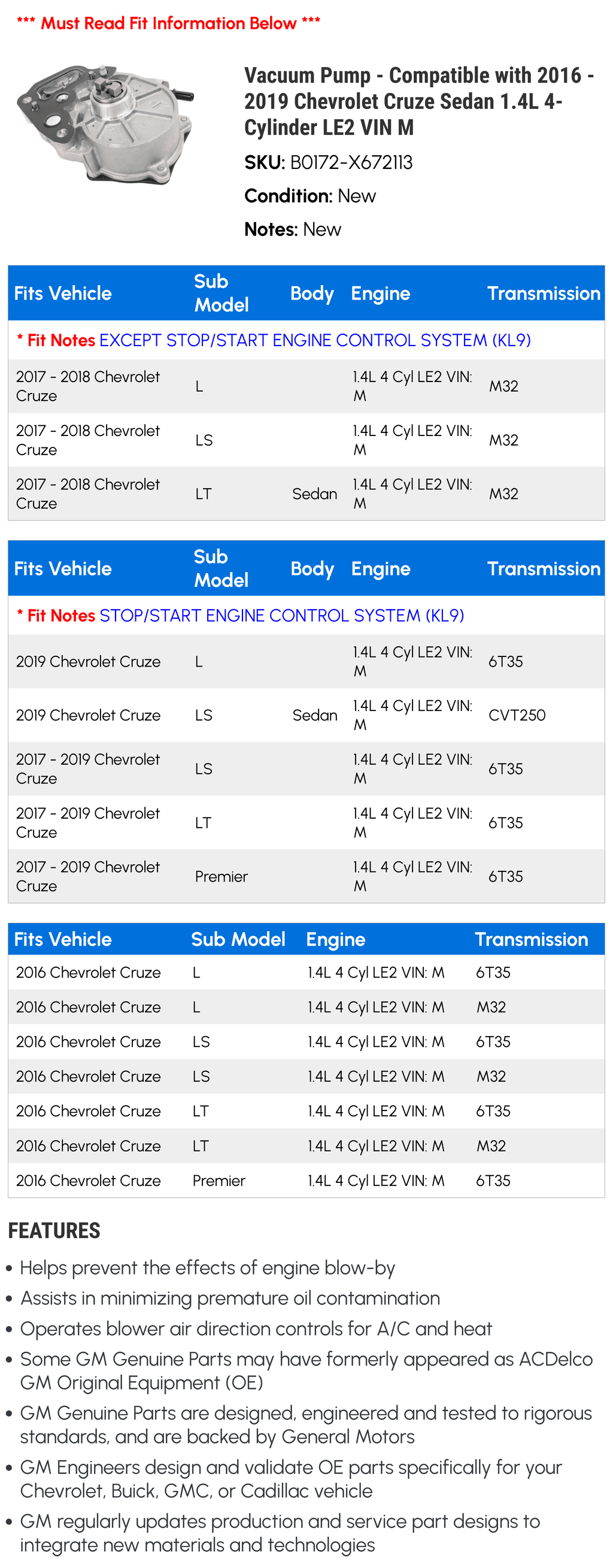 2016 4-Cylinder 1.4L Pump Chevy 2019 - Vacuum 2017 Sedan with - Cruze Fits M 2018 LE2