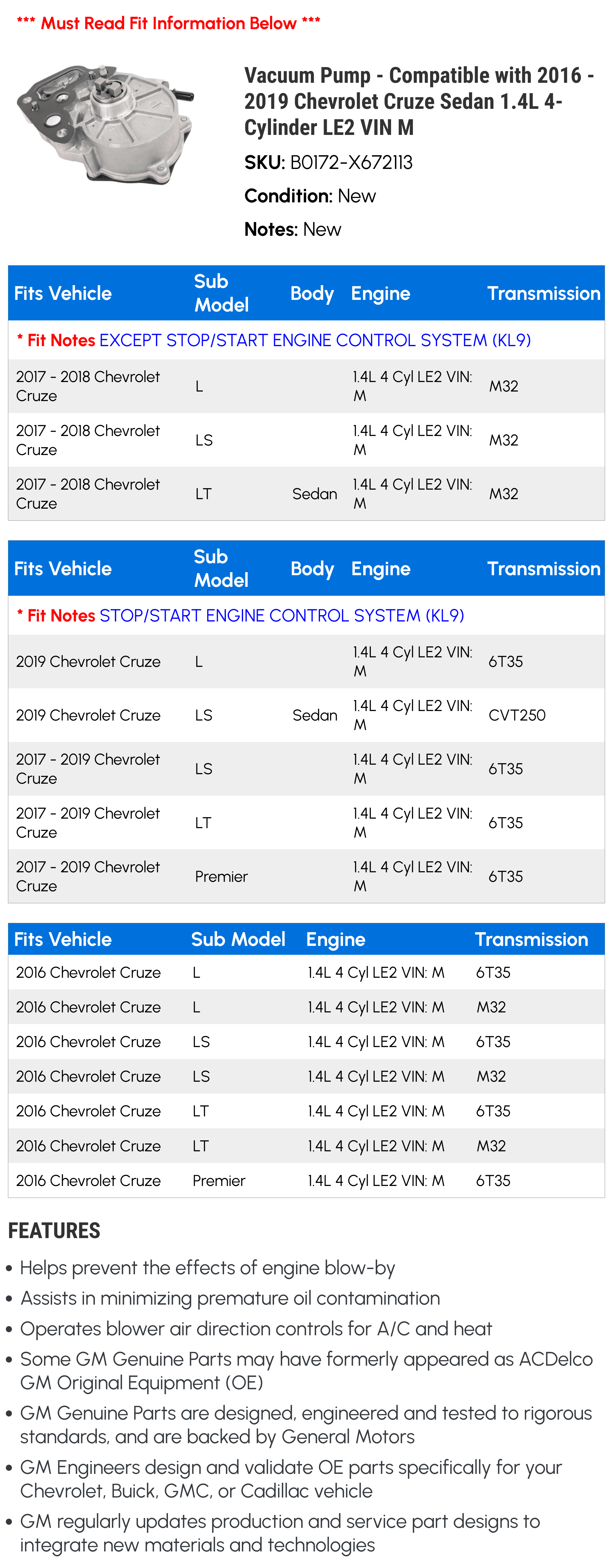 2016 4-Cylinder 1.4L Pump Chevy 2019 - Vacuum 2017 Sedan with - Cruze Fits M 2018 LE2