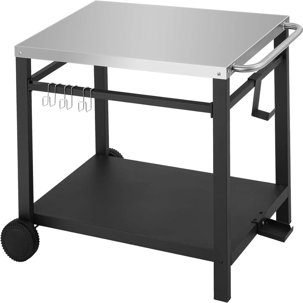 Handle, Food L33.5 Cart, on Movable w/Hooks, 2 Pizza Prep Table, Table Work Oven Kitchen Cart, x Wheels, Double-Shelf Worktable Stainless x Steel Bar Dining H31.8 W19.7 Dining exterior Room