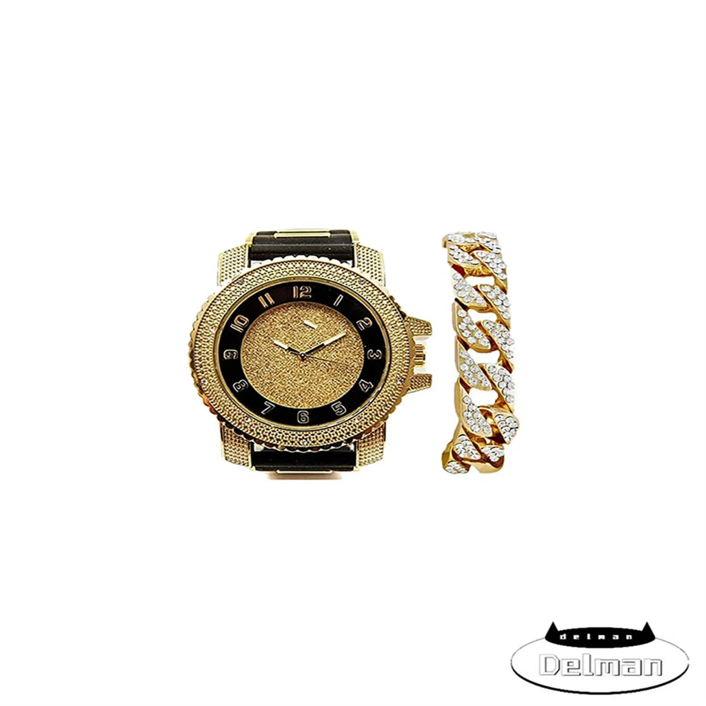 Bracelet Watch Bling-ed Gold Out Bullet Rubber Out Black Hop Tone w/Bling'd Gold Cuban Hip