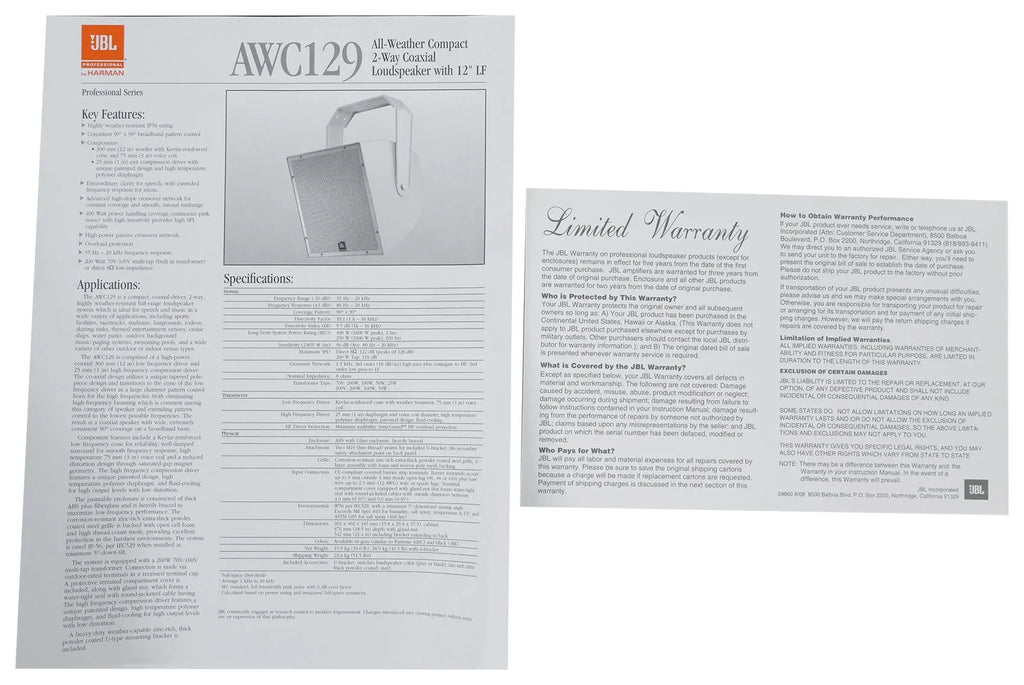 2-Way Speaker 70V Indoor/Outdoor Surface Mount 200w AWC129 12" Commercial
