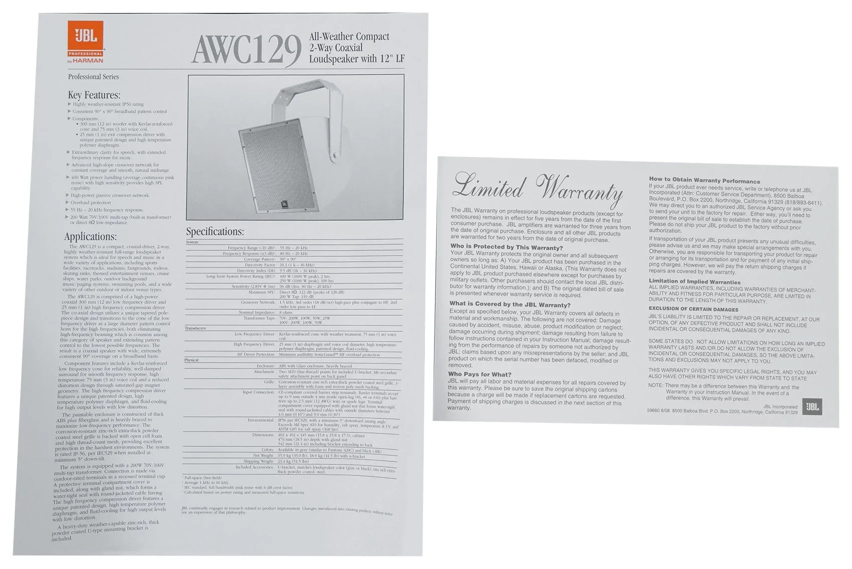 2-Way Speaker 70V Indoor/Outdoor Surface Mount 200w AWC129 12" Commercial