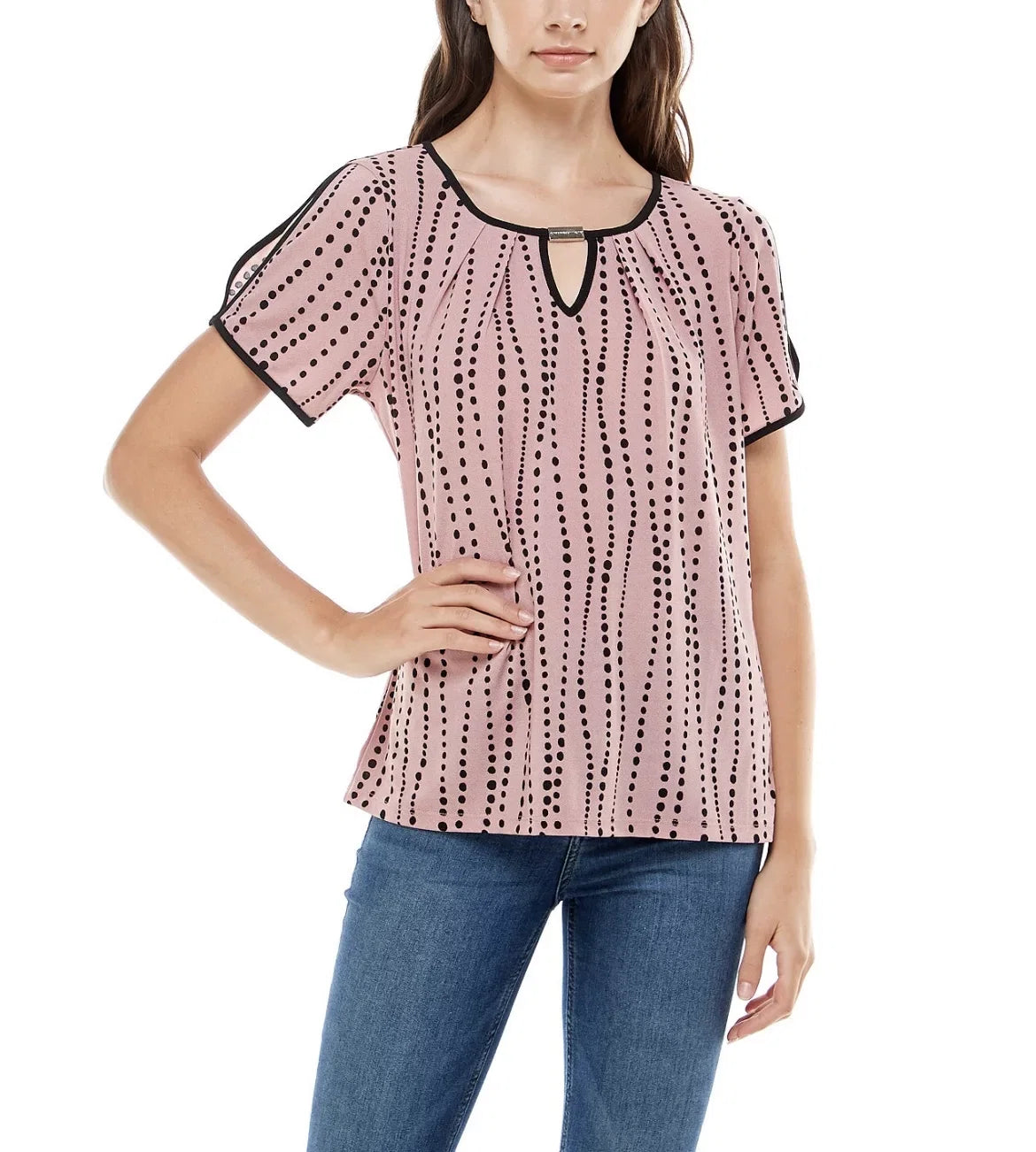 Size Women's and Contrast Top Adrienne Keyhole Sleeve Vittadini Split Binding