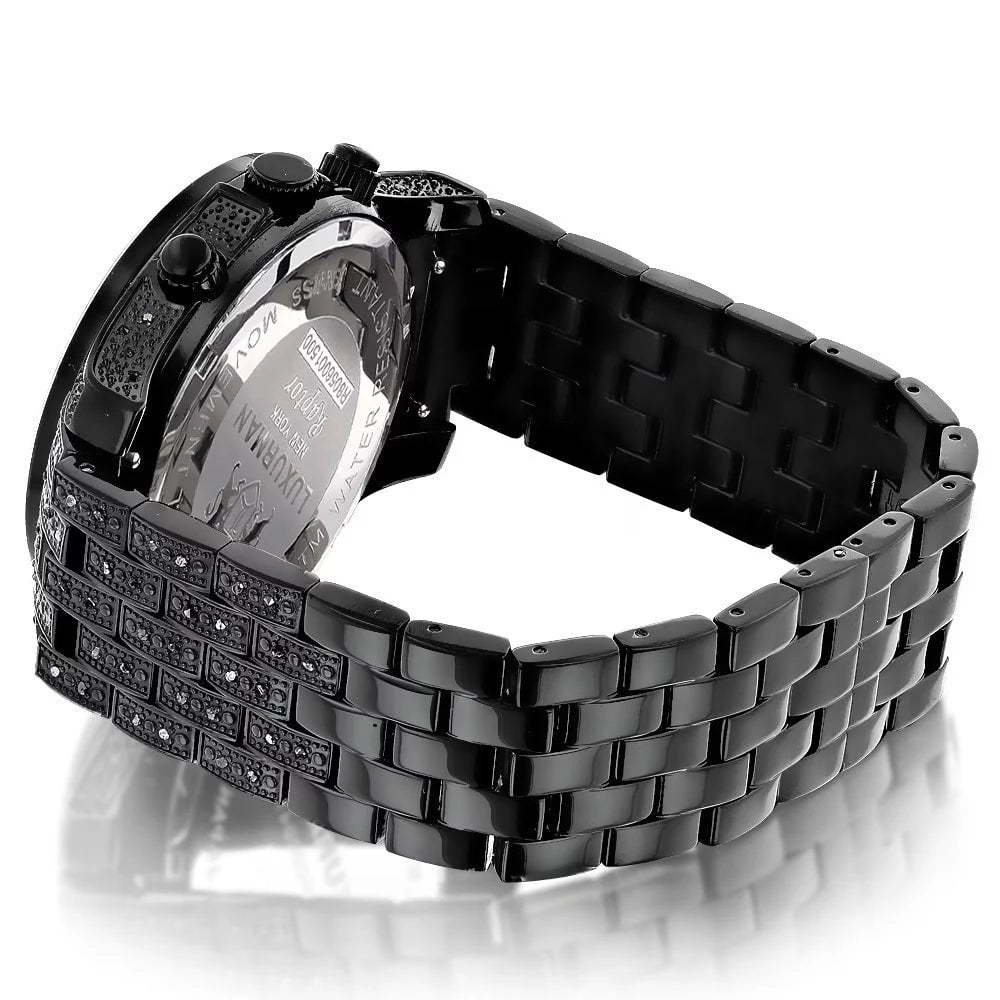 Men's Leather Quartz Watch Stainless Metal Diamond Steel plus Strap Accent Extra Band Black