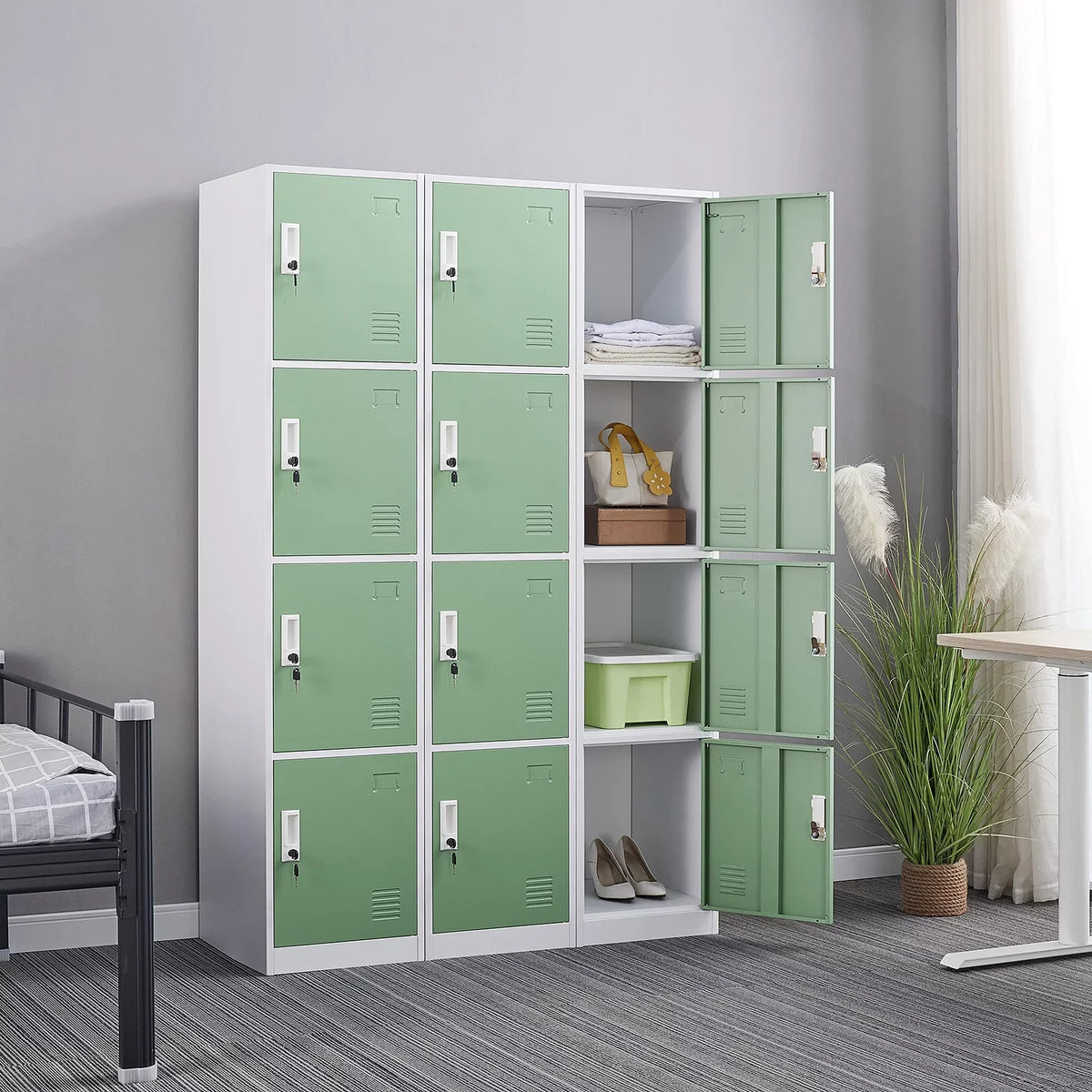 Locker inches School, Ouyessir for Box, Storage Cabinet Home, - Employee 4-tier Office Metal Lock High 71 Lockers Gym, Green