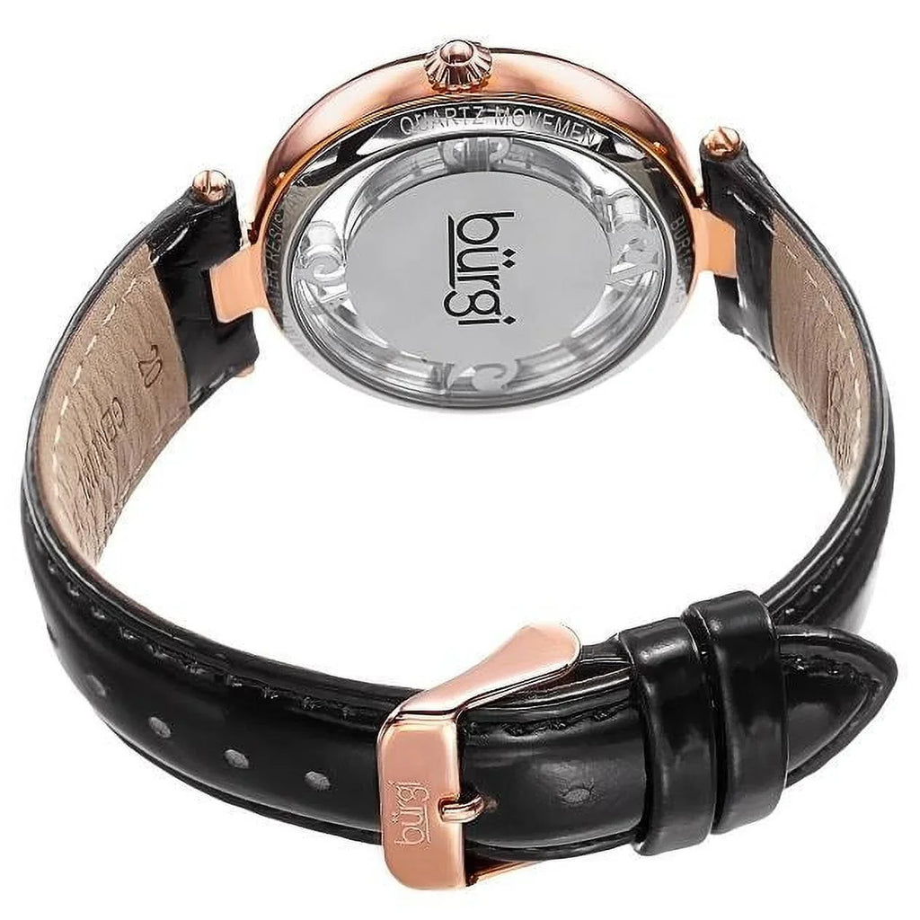 with Strap Rose Watch Black Crystal Women's Gold Leather Thru Quartz BUR150BKR Accents Dial with Swarovski and See