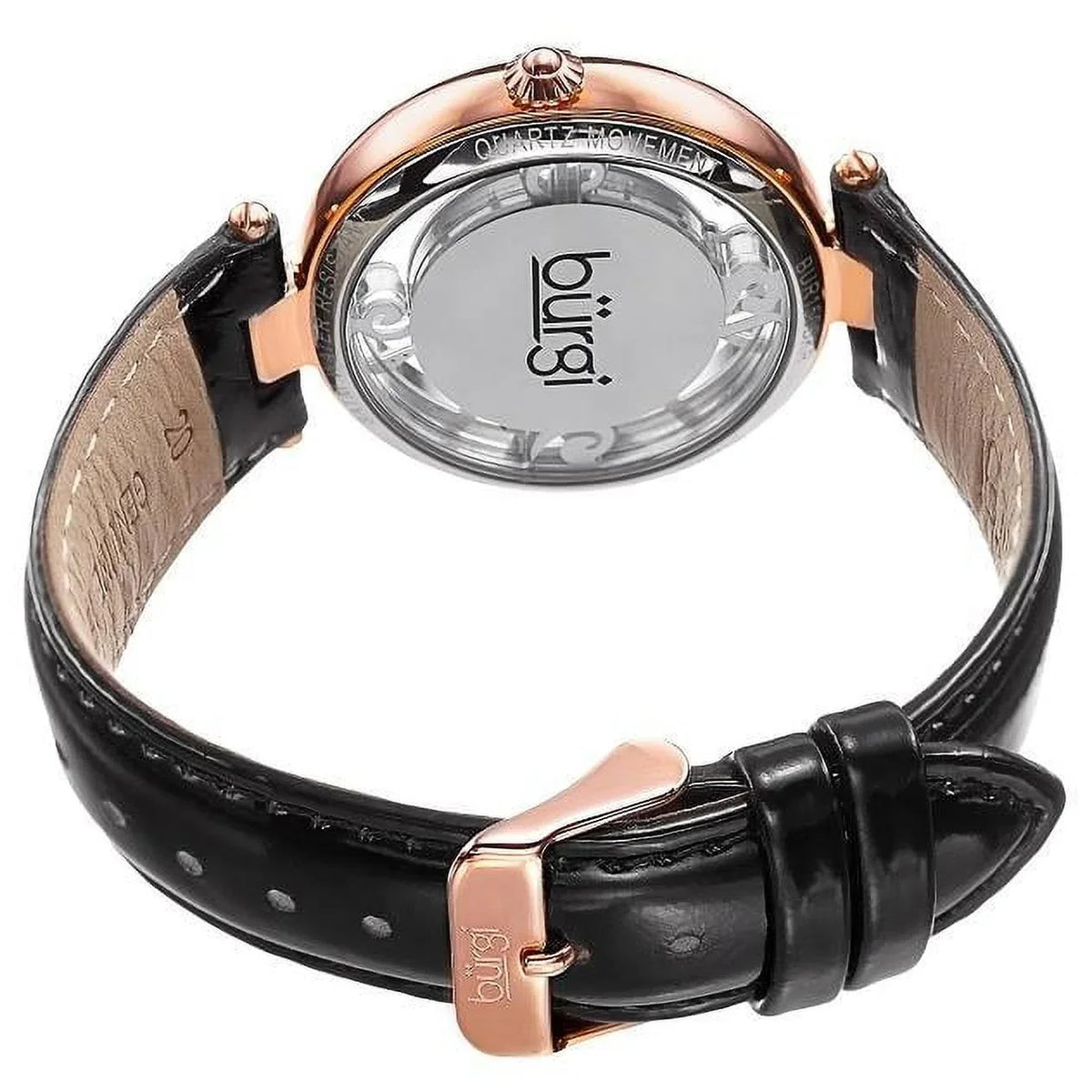 with Strap Rose Watch Black Crystal Women's Gold Leather Thru Quartz BUR150BKR Accents Dial with Swarovski and See