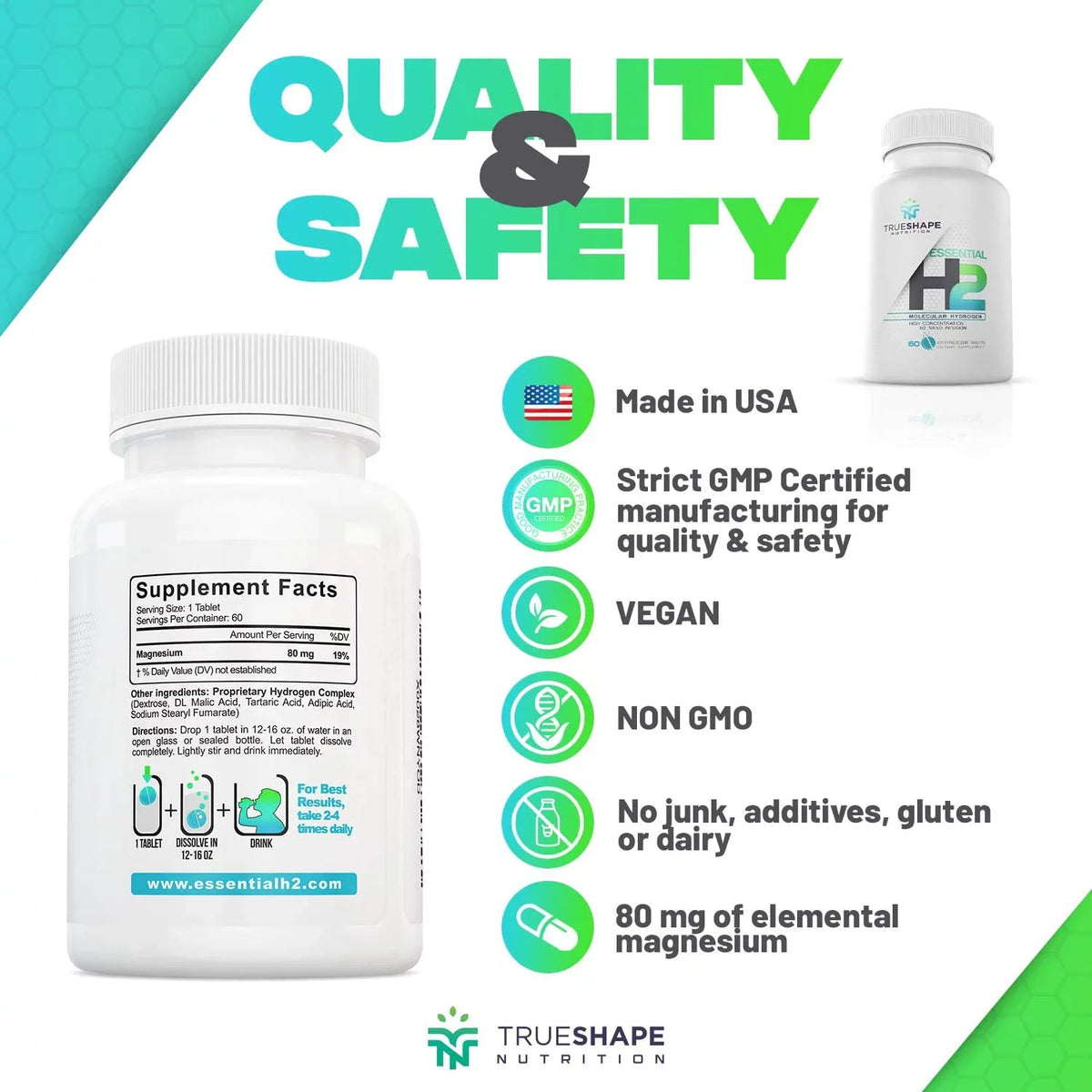 H2 Nutrition Fizzy Essential Tablets Nutritional for (60 Servings) Hydrogen Molecular liquid TrueShape Supplement