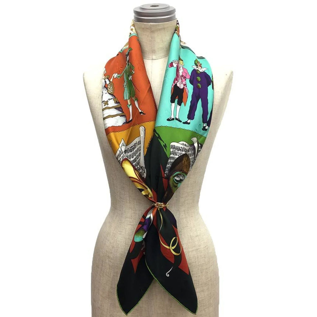 Carnival Moss Carre 90 Orange Venice Muffler aq7392 (Like New) Green Silk Hermes Scarf x Pre-Owned