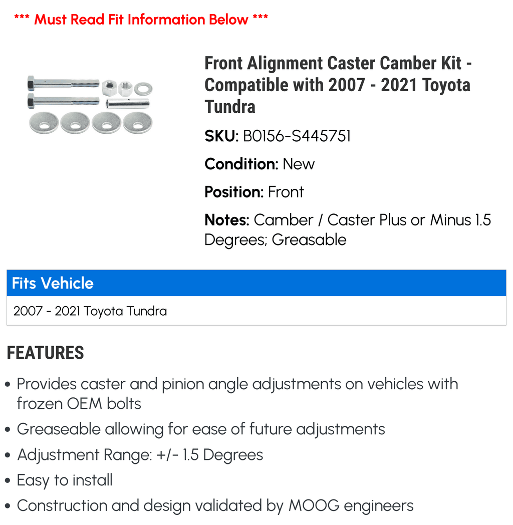 Alignment Toyota 2013 2015 Tundra - 2012 2016 2011 2007 Camber Caster 2017 Kit 2020 2008 2019 Front 2010 2021 Fits 2018 2022 2014 with 2009 -
