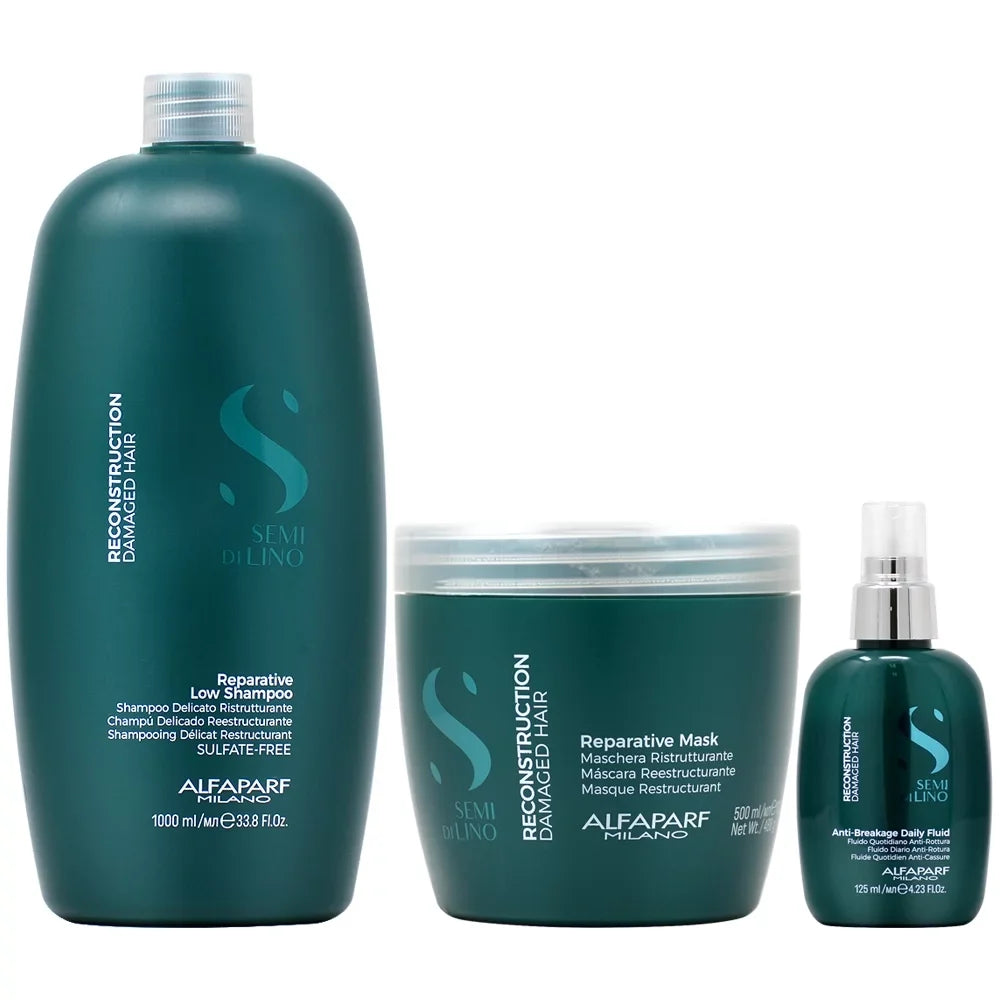 Alfaparf Lino Reparative Di & 16.9oz Shampoo 4.23oz Semi Mask Reconstruction & Fluid 33.8oz