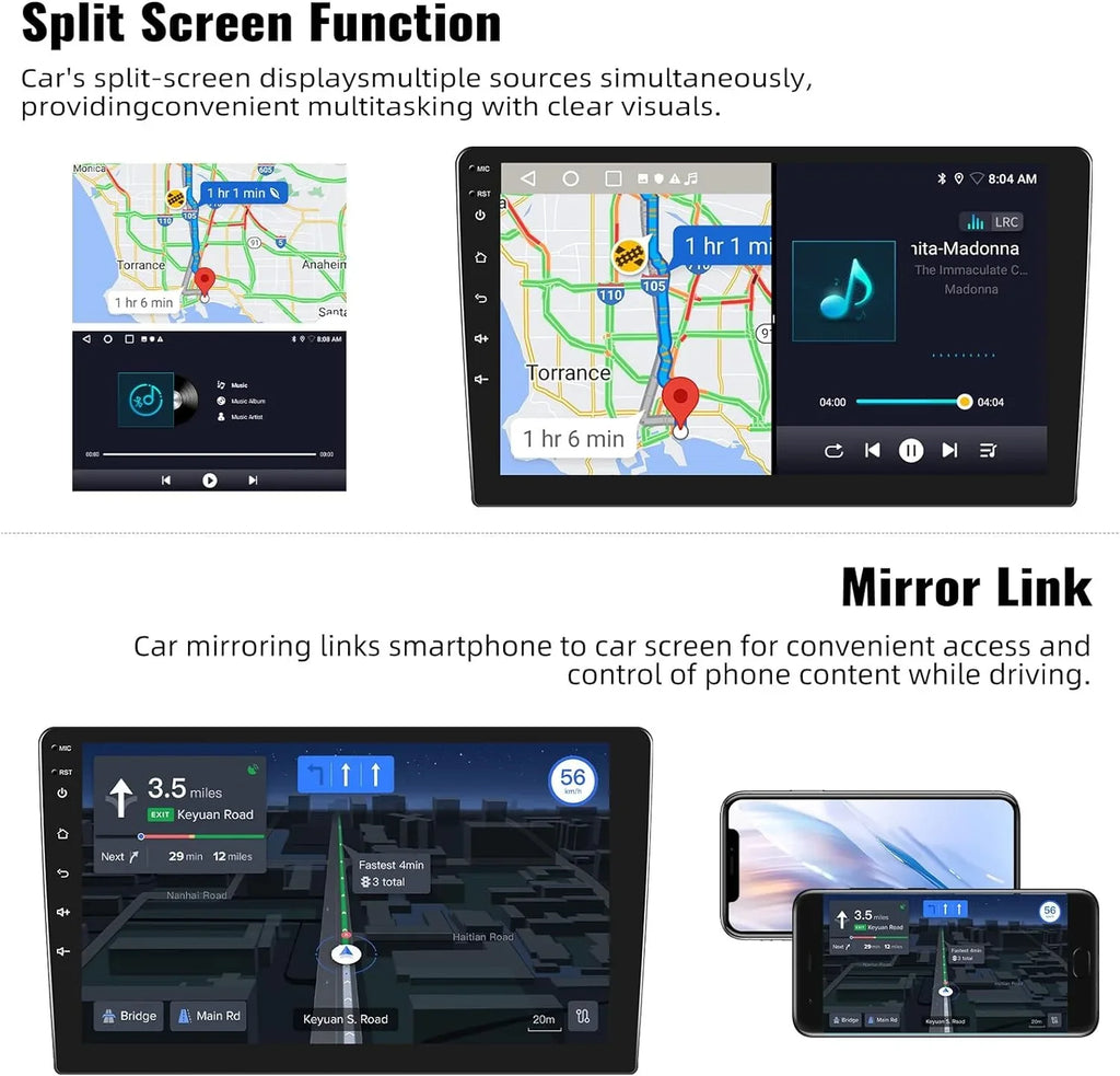 with 10.1'' with Screen Radio GPS Mirror Unit Head Android WiFi Bluetooth Touch Single Stereo USB + 1G+32G Car Camera Car Link Navigation FM Din Backup Rimoody