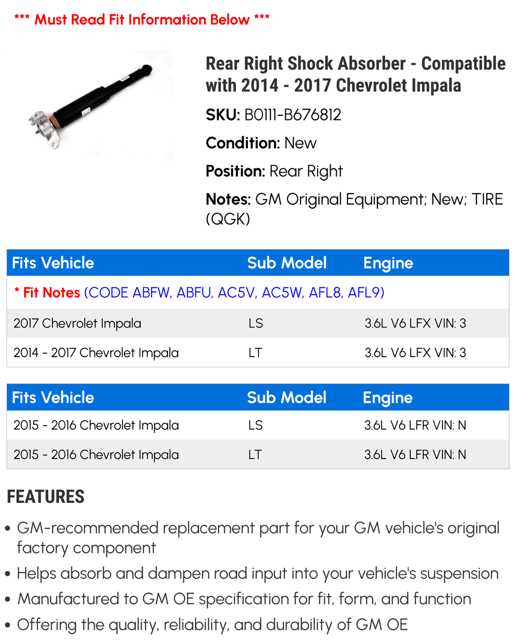 2016 with Absorber Fits Chevy - Impala 2017 Rear 2015 - Shock Right 2014