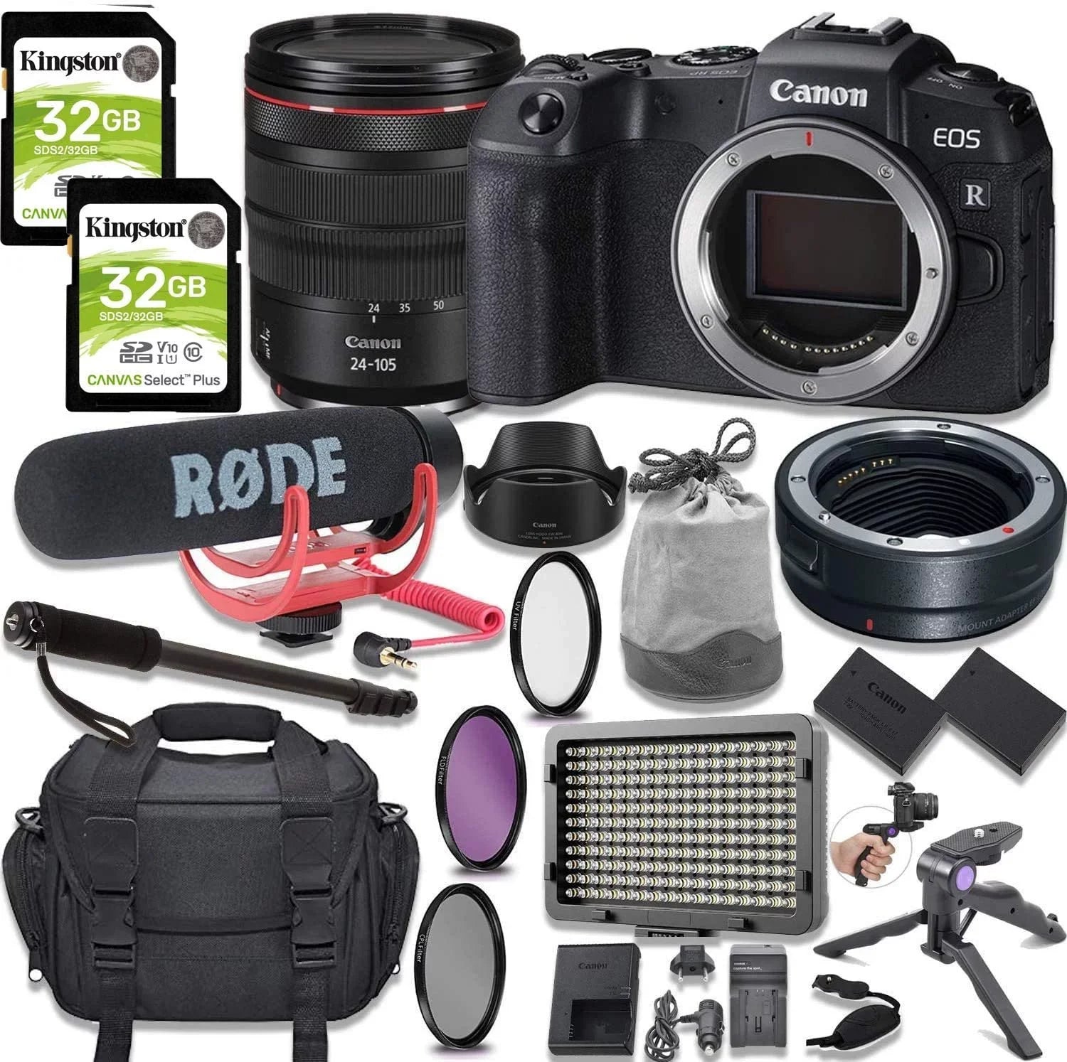with Memory, Kit More Accessory + Mount & Camera 64GB Adapter Mic, Mirrorless with Light + Go Rode Bundle Lens Canon Video Video Digital 24-105mm