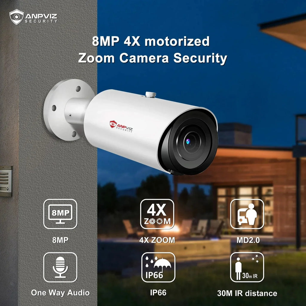 Mic Human Distance Support Camera IP66 Bullet Built ANPVIZ 4X H.265 Zoom in Vehicle IR 8MP Detection Camera 30M