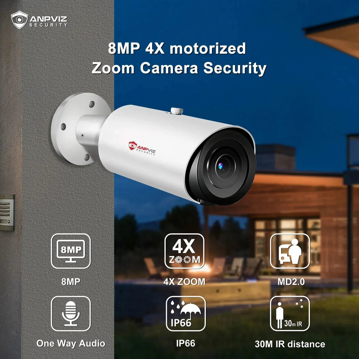 Mic Human Distance Support Camera IP66 Bullet Built ANPVIZ 4X H.265 Zoom in Vehicle IR 8MP Detection Camera 30M