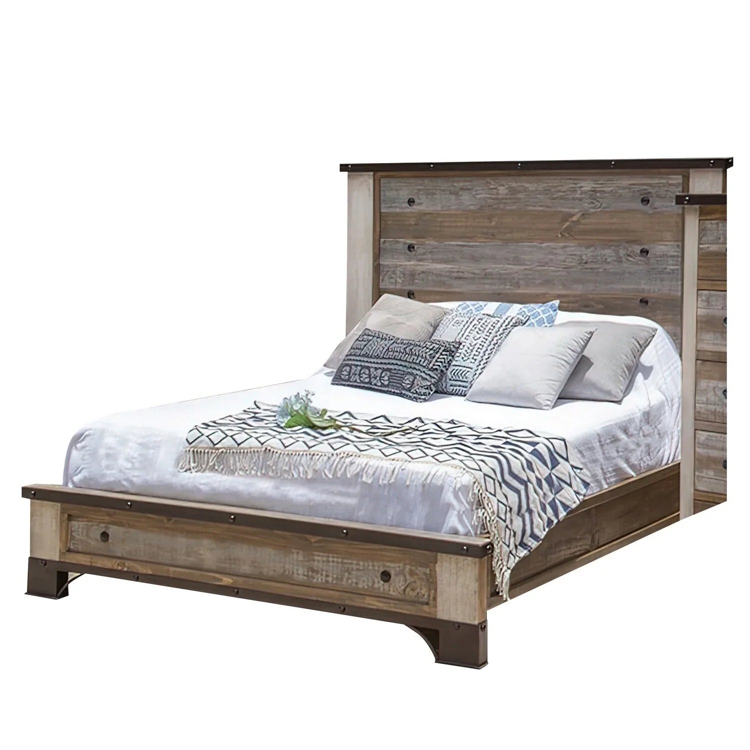 Round Fena Size Wood Black King Distressed Brown Bed, Multicolor Nailheads, Benjara