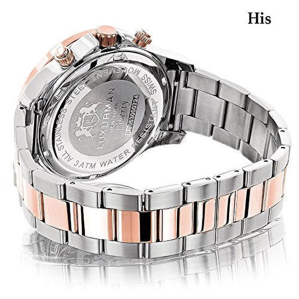 Watches: 18k Plated and & Mvt Swiss Diamond 1.7ct Set Hers Gold Rose Watch His Matching White