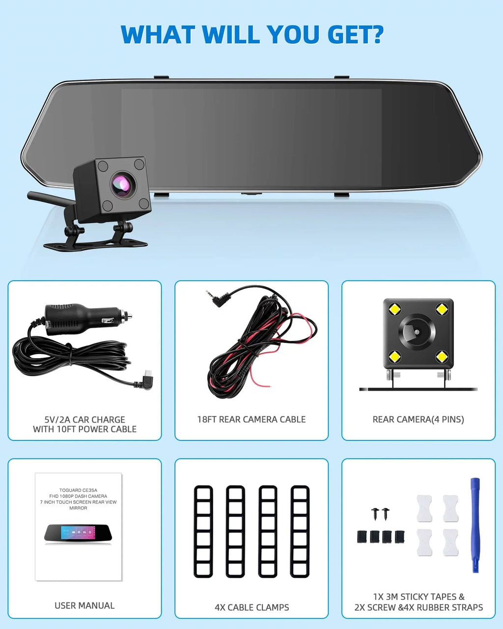 G-Sensor Motion Infrared Dash Vision, TOGUARD Front Camera Rear, 7" Dual Dash Screen, IPS 1080P Night Cam Mirror Detection, and Touch