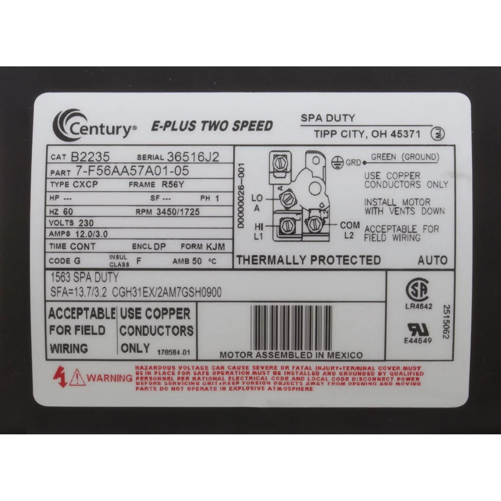 Smith Century Replacement 56Y Moistureway Pump 0.50 4.0 230V B2235 Motor, 12.0/4.4A or Thru-Bolt A.O.