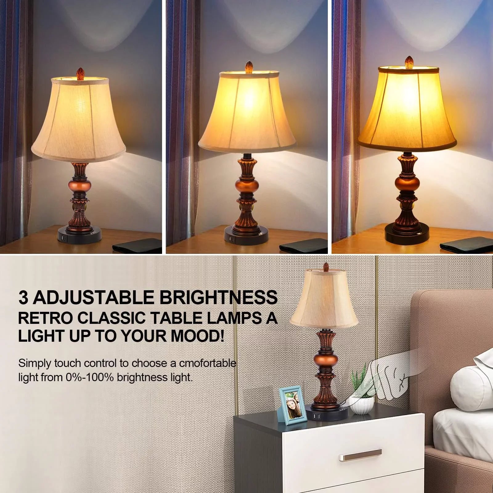 Control Lamp Traditional of Bulbs 2 Bedside 2 Table Dimmable Bedroom Port 4 Nightstand with Lamps, Set Free Sets Lamp 3-Way Nictiv Wooden Lamp with Touch