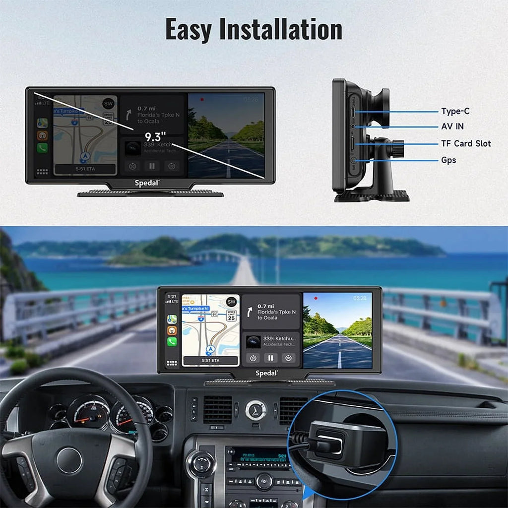 Stereo Camera Car and Front 9.3" Head CarPlay Unit Cam ＆Android Screen Wireless with Receivers Car GPS CL860 Rear Navigation Spedal CarPlay 4K Portable Stereo Dash Auto Bluetooth Rear- 1080p