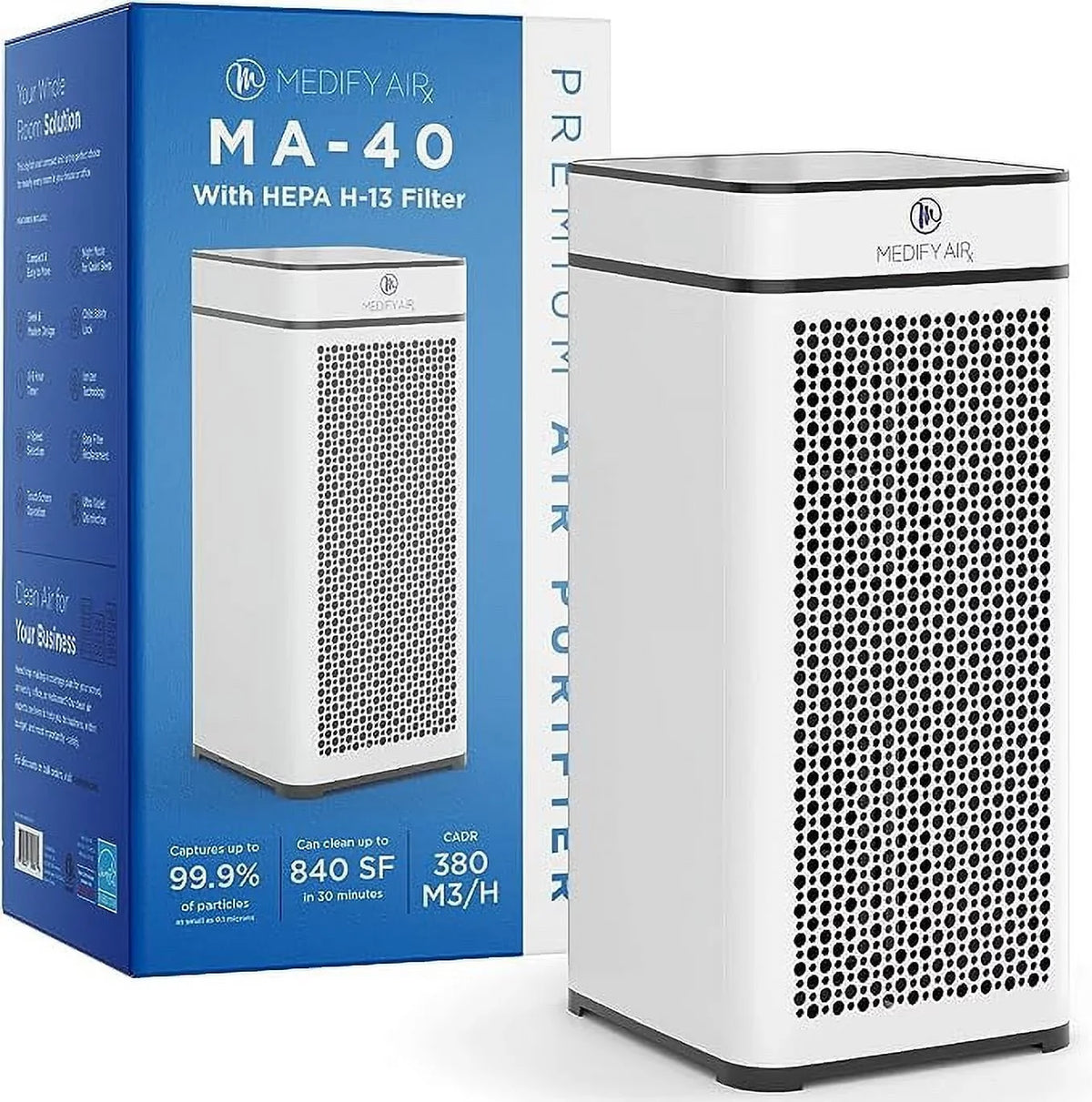 White Open MA-40-UV-W1 sq Air HEPA UV True H14 Box Light Purifier Medify - Filter ft 840