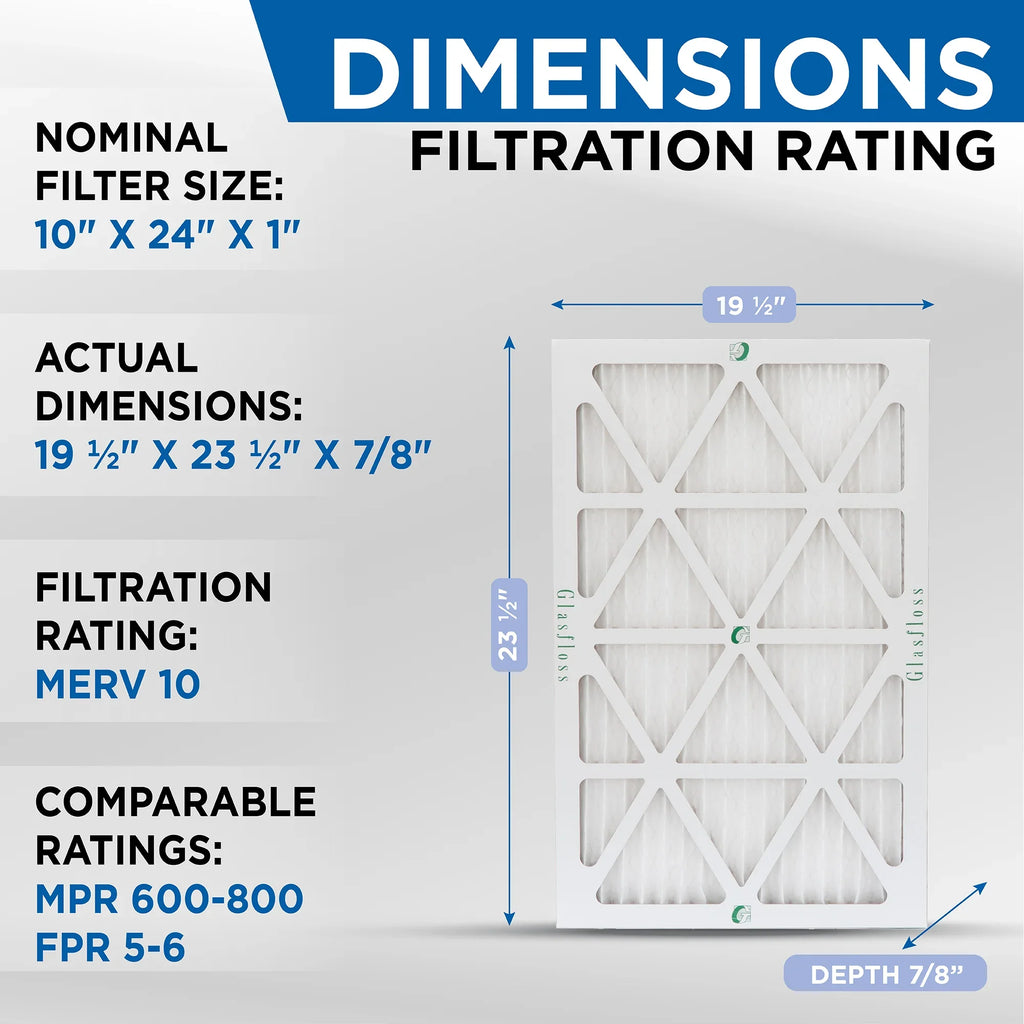 10 9-1/2 ( HVAC Pleated 10x24x1 Quantity 5 Air Filters Exact x Glasfloss. dimension: 7/8 ) x MERV 23-1/2 by