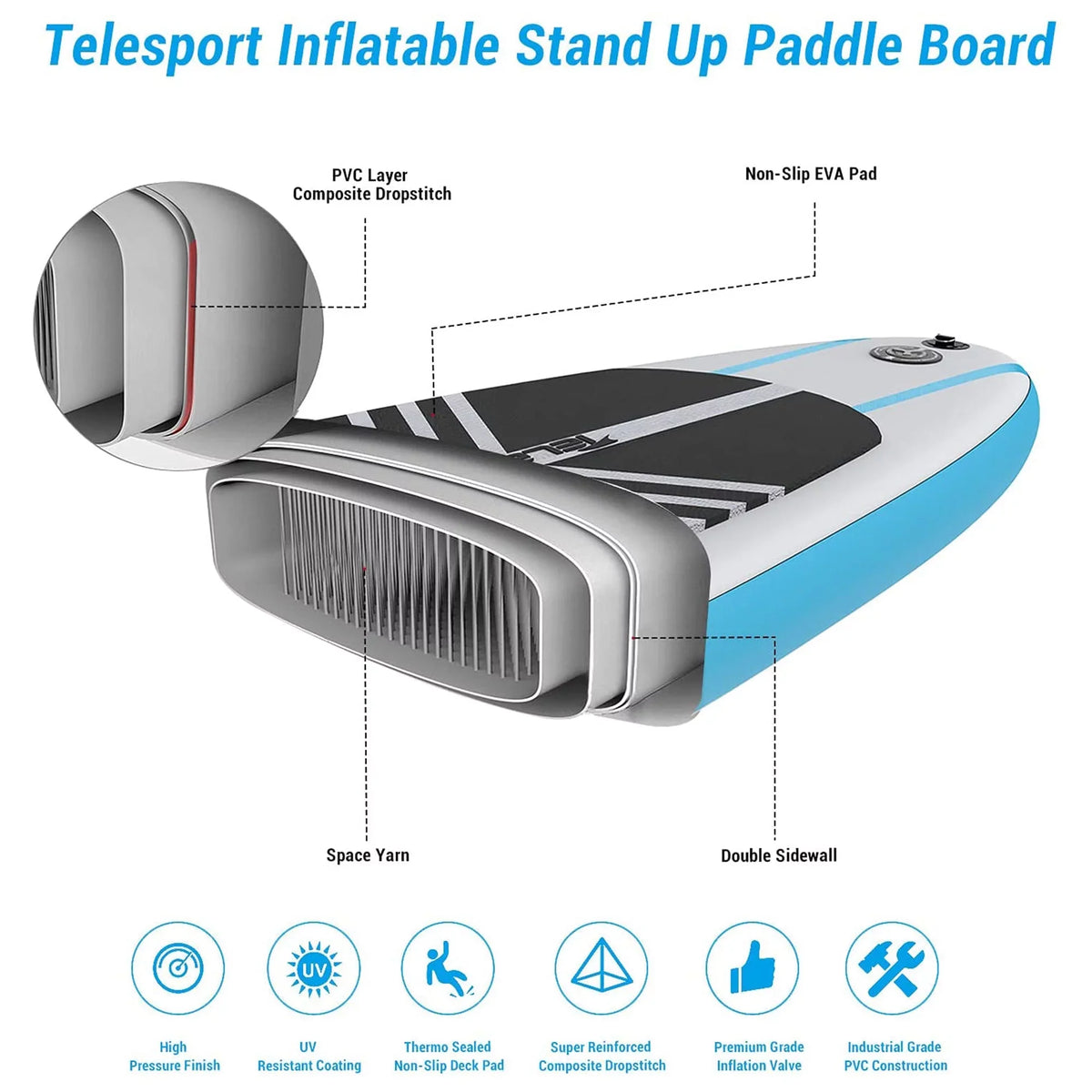 Paddleboard Paddle Accessories, & Boards Blue Blowup SUP White w/ TELESPORT