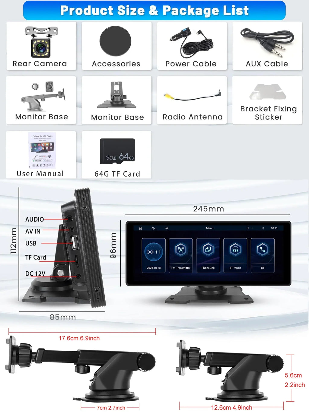 Wireless Podofo AUX Link Stereo Android Card&Backup Mirror Car with Portable FM Carplay 7-32V Bluetooth Camera Vehicles, Suv Auto Screen for 10.26" Touch 64G Van Car Pickup Radio