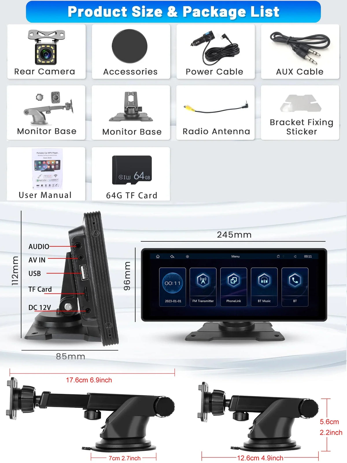 Wireless Podofo AUX Link Stereo Android Card&Backup Mirror Car with Portable FM Carplay 7-32V Bluetooth Camera Vehicles, Suv Auto Screen for 10.26" Touch 64G Van Car Pickup Radio