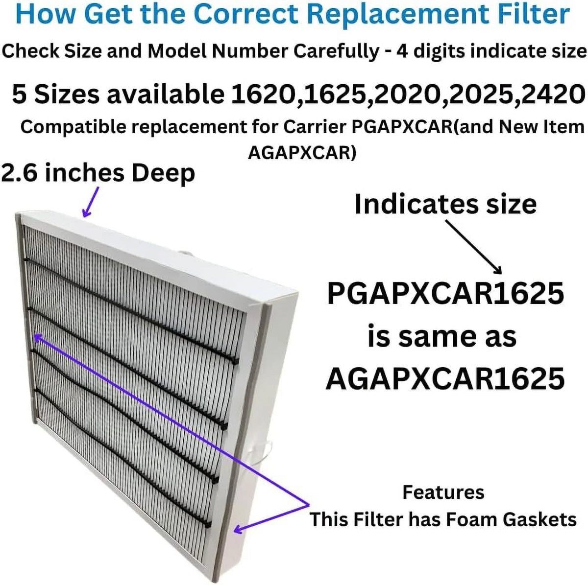 PGAPAXX1625 Part Replacement Filter Compatible AGAPXCAR1625 PGAPXCAR1625 16X25x3 Fits (2) For Carrier