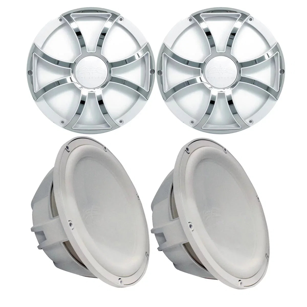 '- - Wet 2 Stainless Grills 10" Subwoofers Two Grills Inserts With Ohm Sounds Subwoofers White Steel & Revo & White