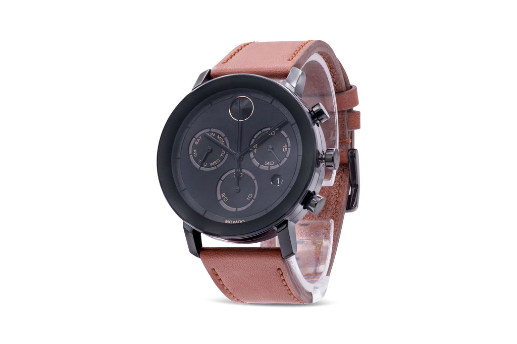 Cognac Black Brown Bold Evolution Ion Leather Mens Chronograph Movado Watch 3600758