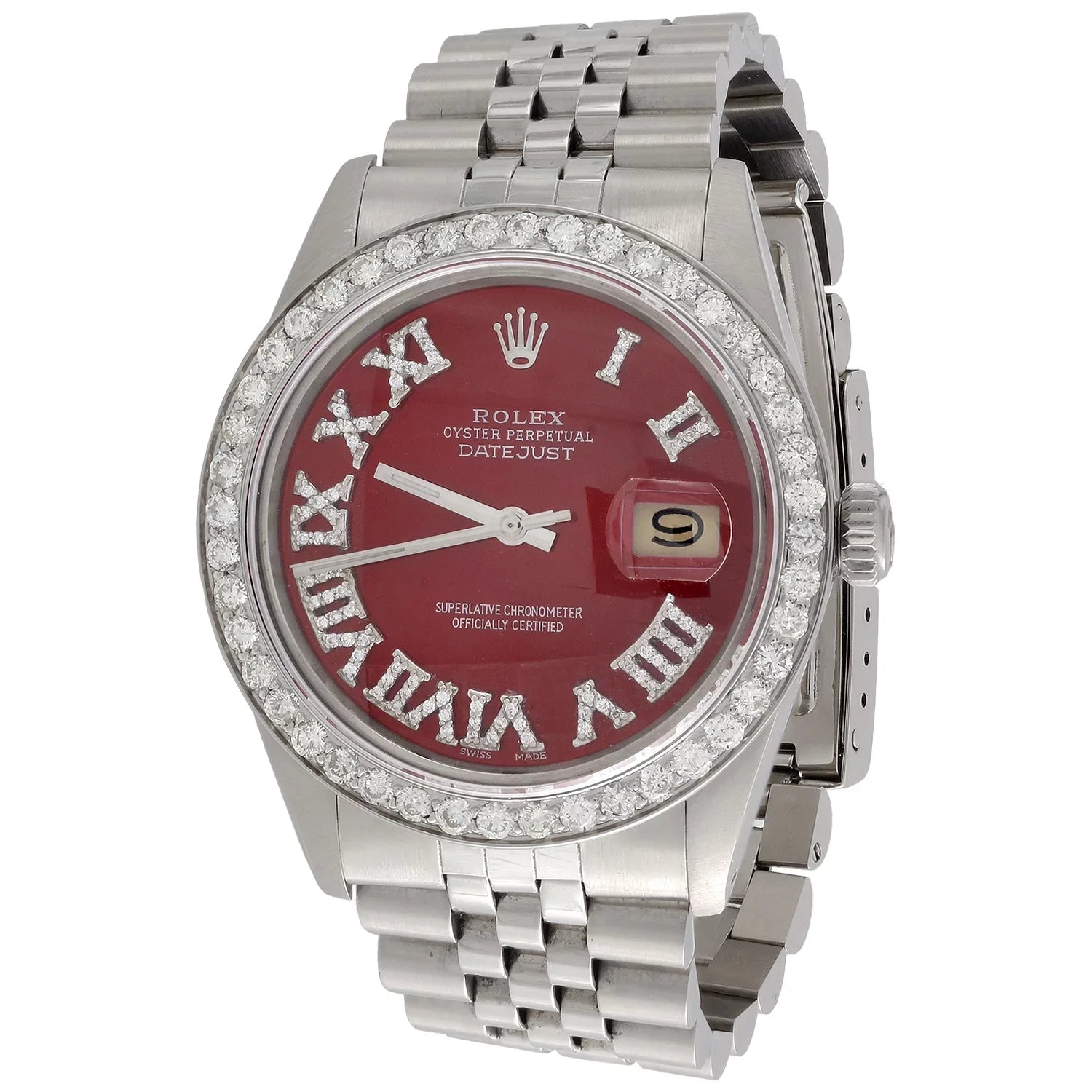 Diamond Red Roman Dial . Quick Set 1/2 Numeral Fit DateJust 36mm Rolex to