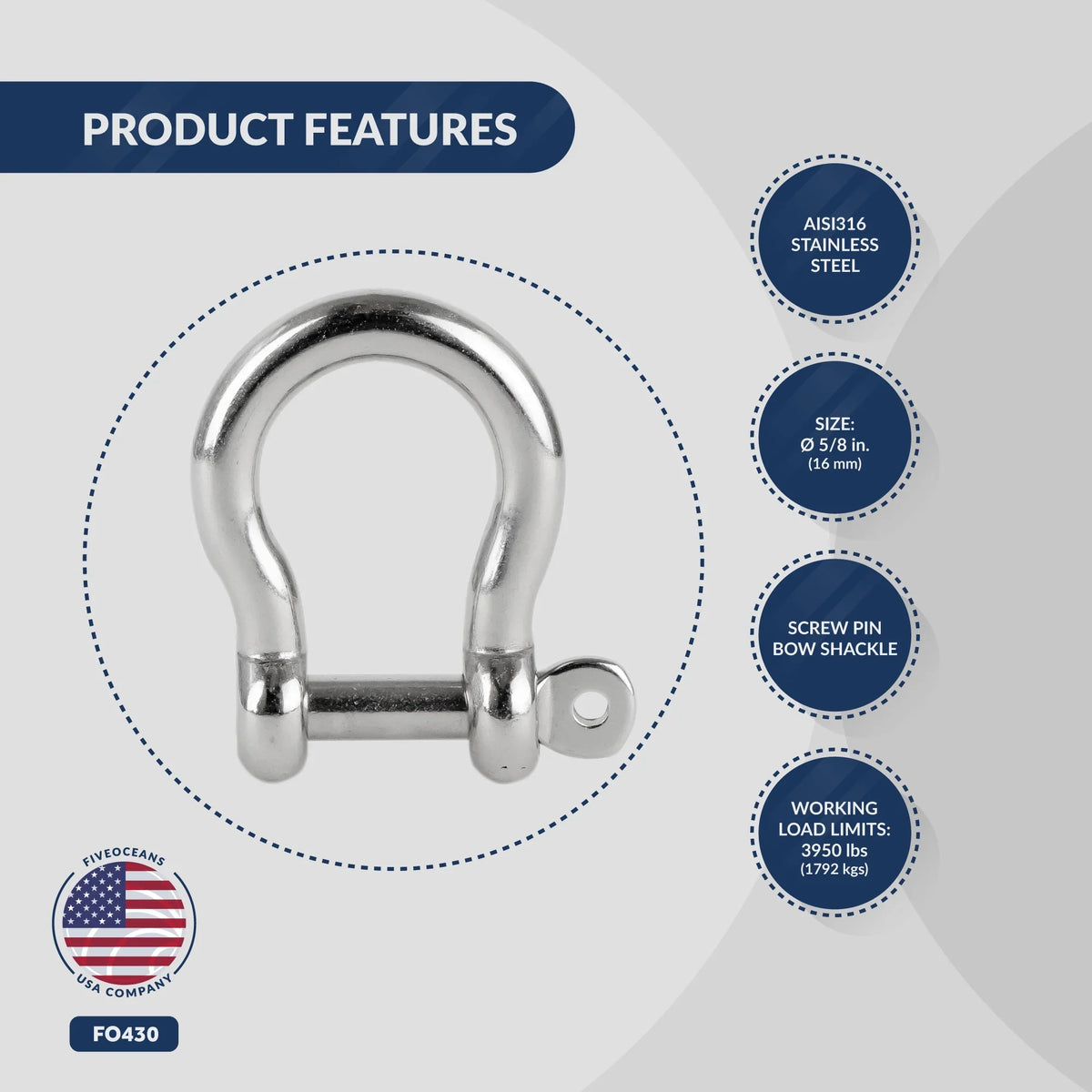 Pin Screw Steel Stainless for FO430 Oceans Shackle 5/8 Anchor Sailboat Shackles, Five Boat, Bow