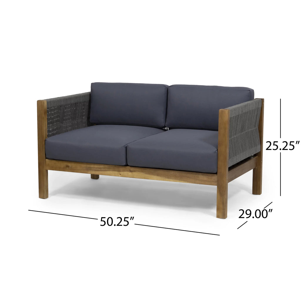 Outdoor Wood Acacia Rope Charlotte with Studio and 4 and Chat Seater Cushions, Set Teak Gray