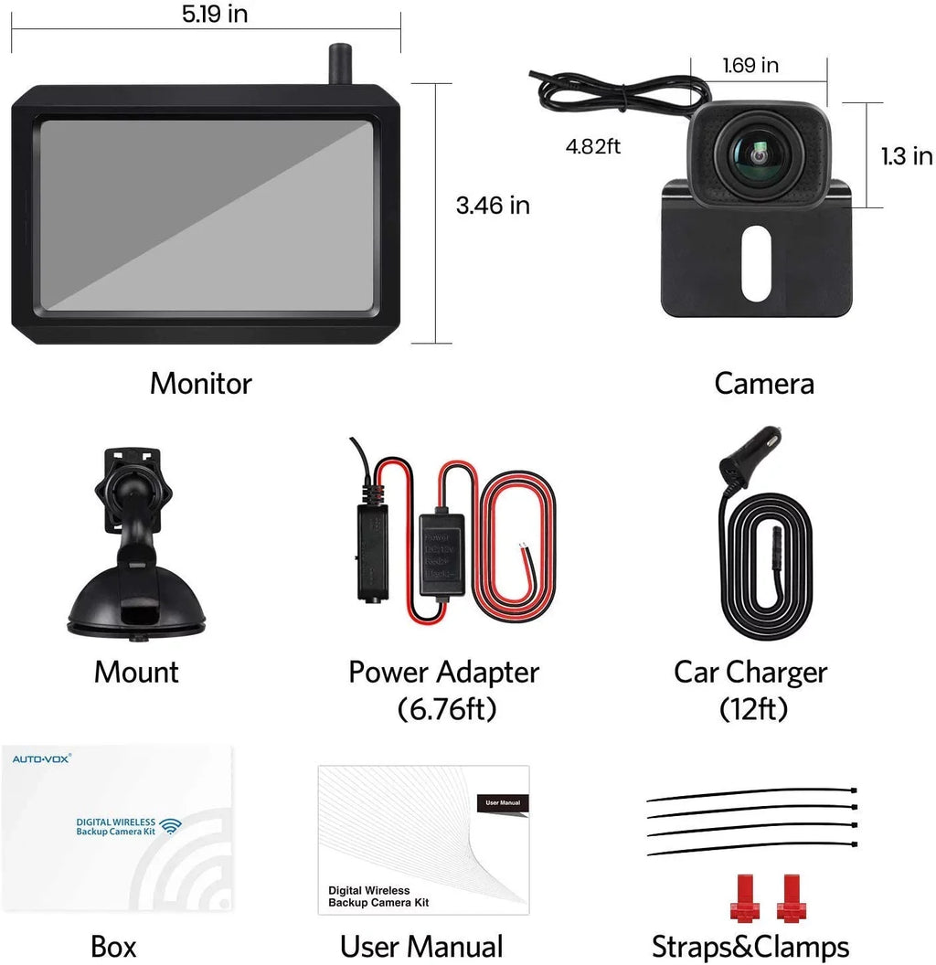 AUTO-VOX 2.4G Truck, Dual Digital Monitors Up Car, Back Camera TFT with for Stable Systems, Channels RV,Camper 5" Trailer View Signal Wireless W7PRO Camera, Rear Cam