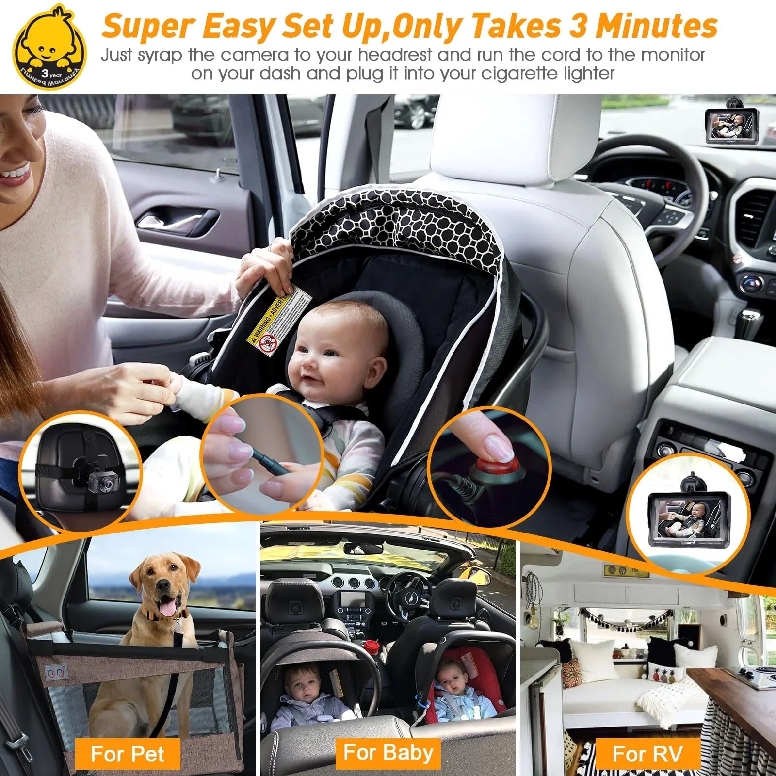 Easy -V33 Backseat DoHonest Vision 3 Plug and Kids 360&deg; Rear Crystal Car Baby Car Camera Night with Play Install 1080P: Two Monitor Facing Camera Rotating Baby Camera Mins