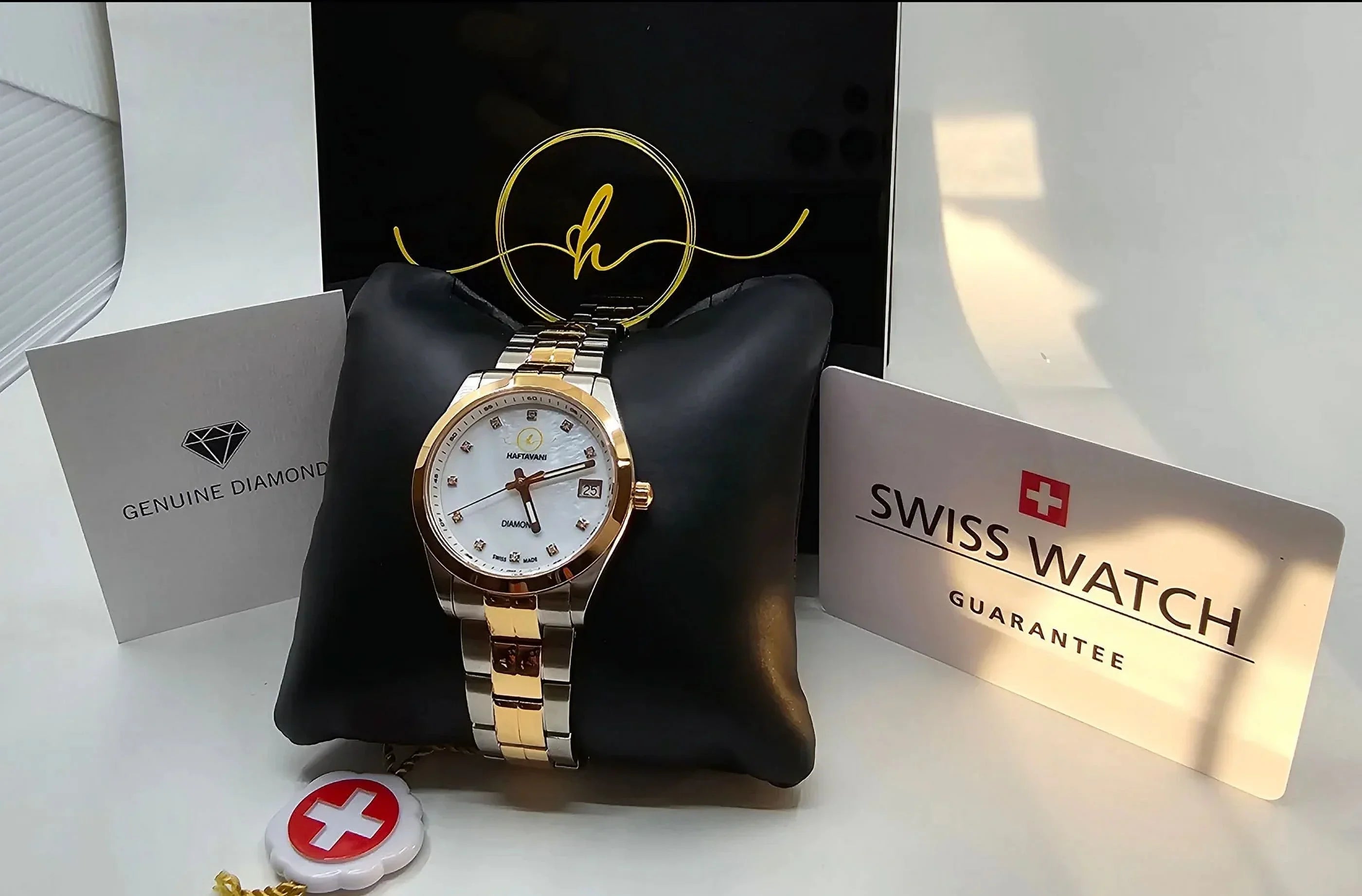 Swiss Lady Haftavani Quartz Steel Face Watch Stainless - Queen With Made Diamonds Diamond Gold Marble -100M Silver-Rose - Genuine Moistureproof Bicolour –