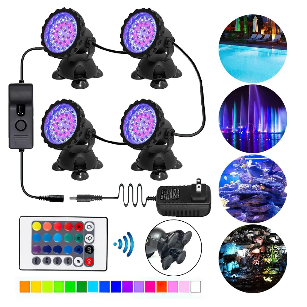IP68 RGB Pool Swimming Lights,DFITO Lights 36 Remote Pool LED Underwater Spot IR lights 4 Fountain + Pond