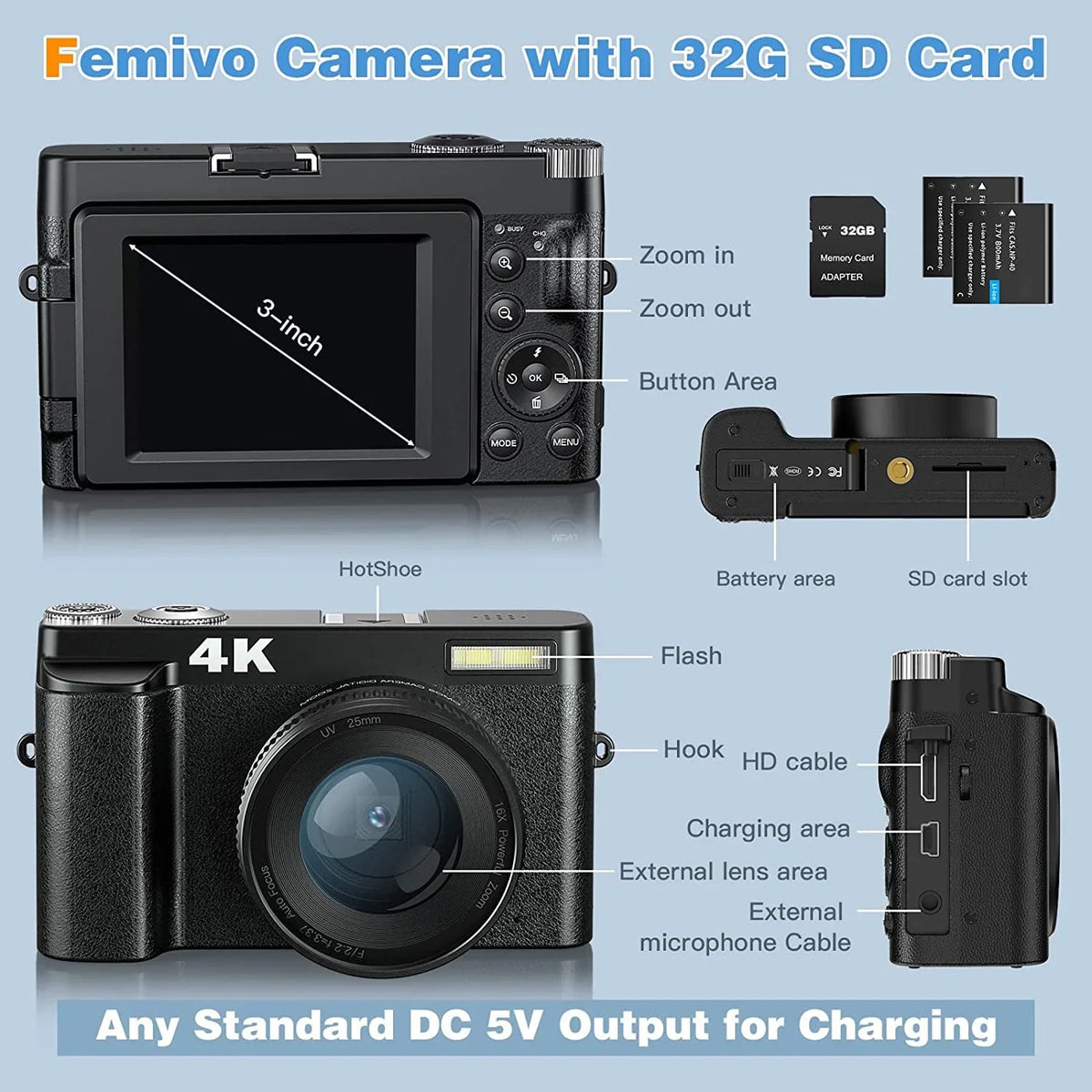 for Photography Cameras YouTube Autofocus Video Digital for 4K Camera Card Digital 32GB 16X 48MP with Camera Zoom Vlogging
