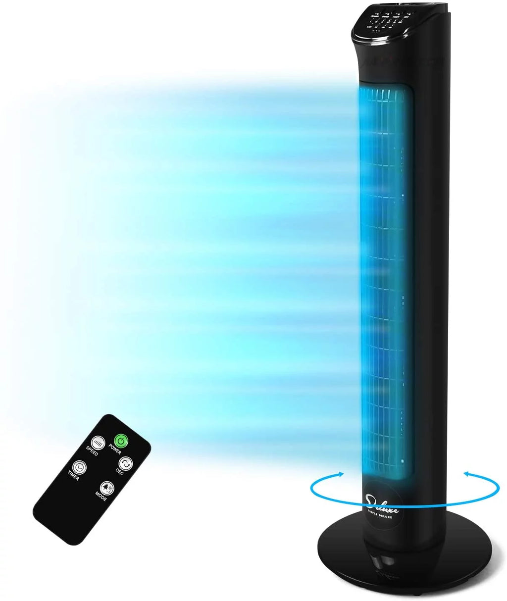Oscillating Fan 32"Tower 90° Fans, Deluxe Remote, Fan Black with 4 Bladeless Speeds, with Standing Fan, Floor Simple
