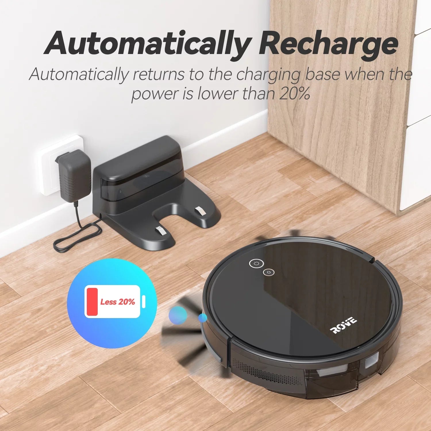 Battery Life Carpet Ideal Strong & Pa 600ML Dustbin, Rove Robotic Automatic Robot Suction 2000 Self-Charging, Vacuum Pet Floor Cleaner, with and Pile 2600mAh Hard Care, for Sweeper Low