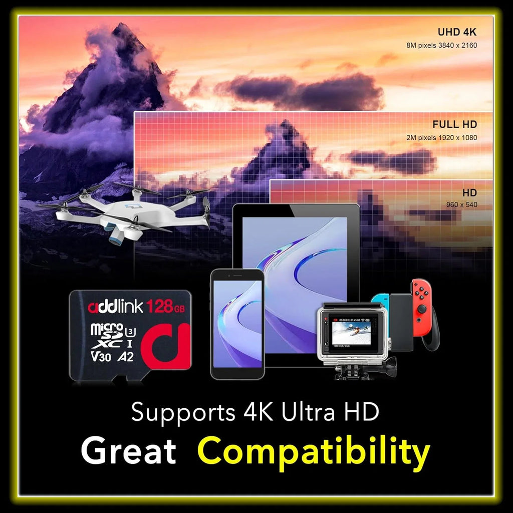 Smartphones, addlink Tablets, -1 Go 128GB Camera, U4 2-Pack V30, for Adapter roSDXC + Android Cam Dash Fits