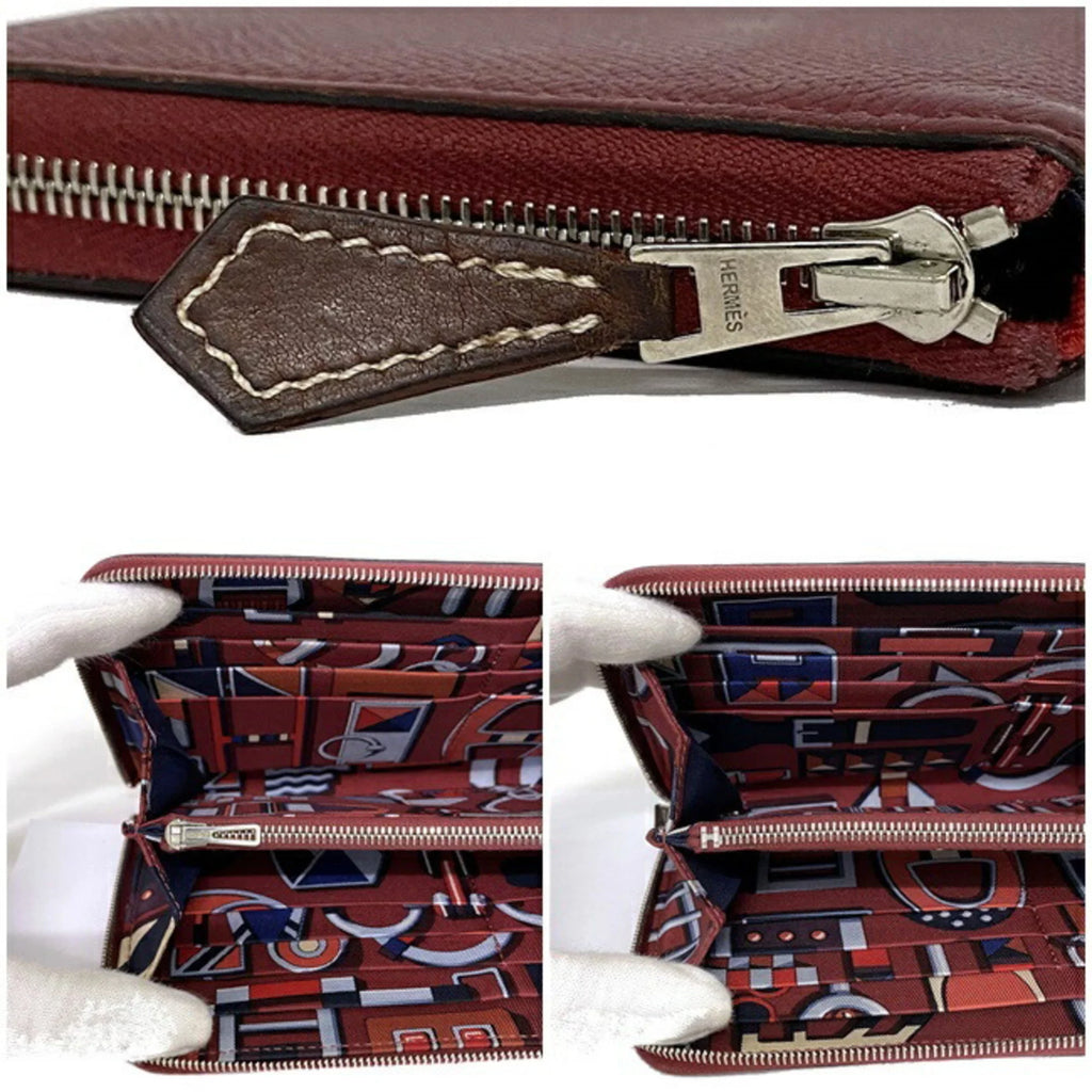 Round Azap Glenat Wallet Hermes Leather Long In (Good) Pre-Owned Rouge Bordeaux Epson Ladies Silk