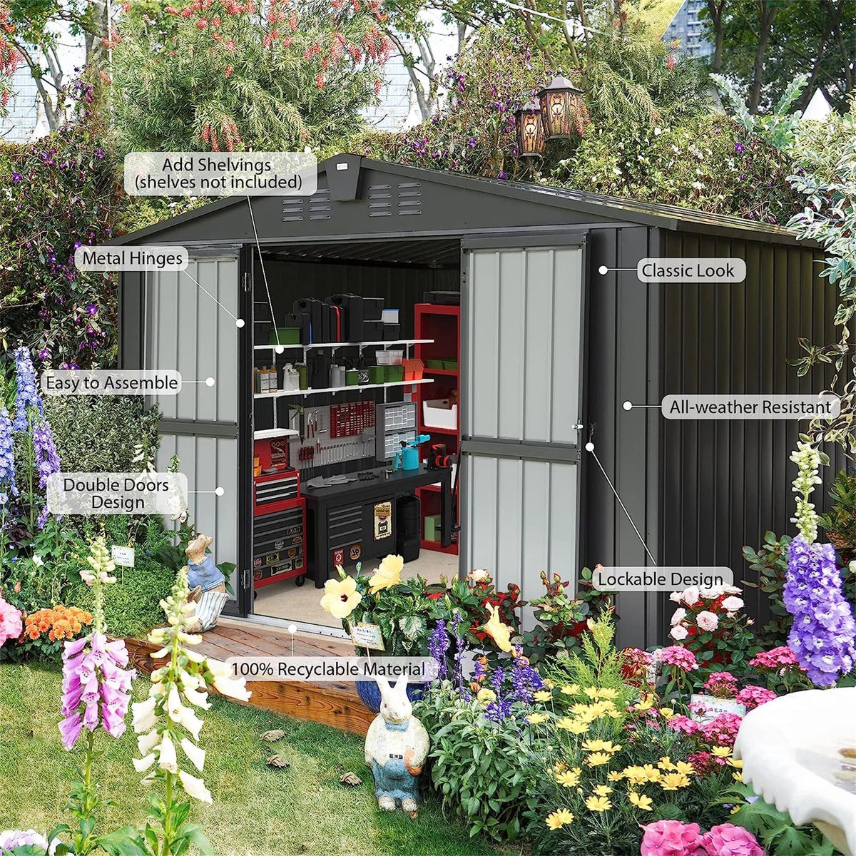 Can, exterior Shed for Homiyad (10X8ft, Tools, Garden Black) with exterior 8', for Bike, Door Lawn Steel Trash 10'X Metal Galvanized Storage Storage Backyard, Cabinet Shed Lockable Patio,