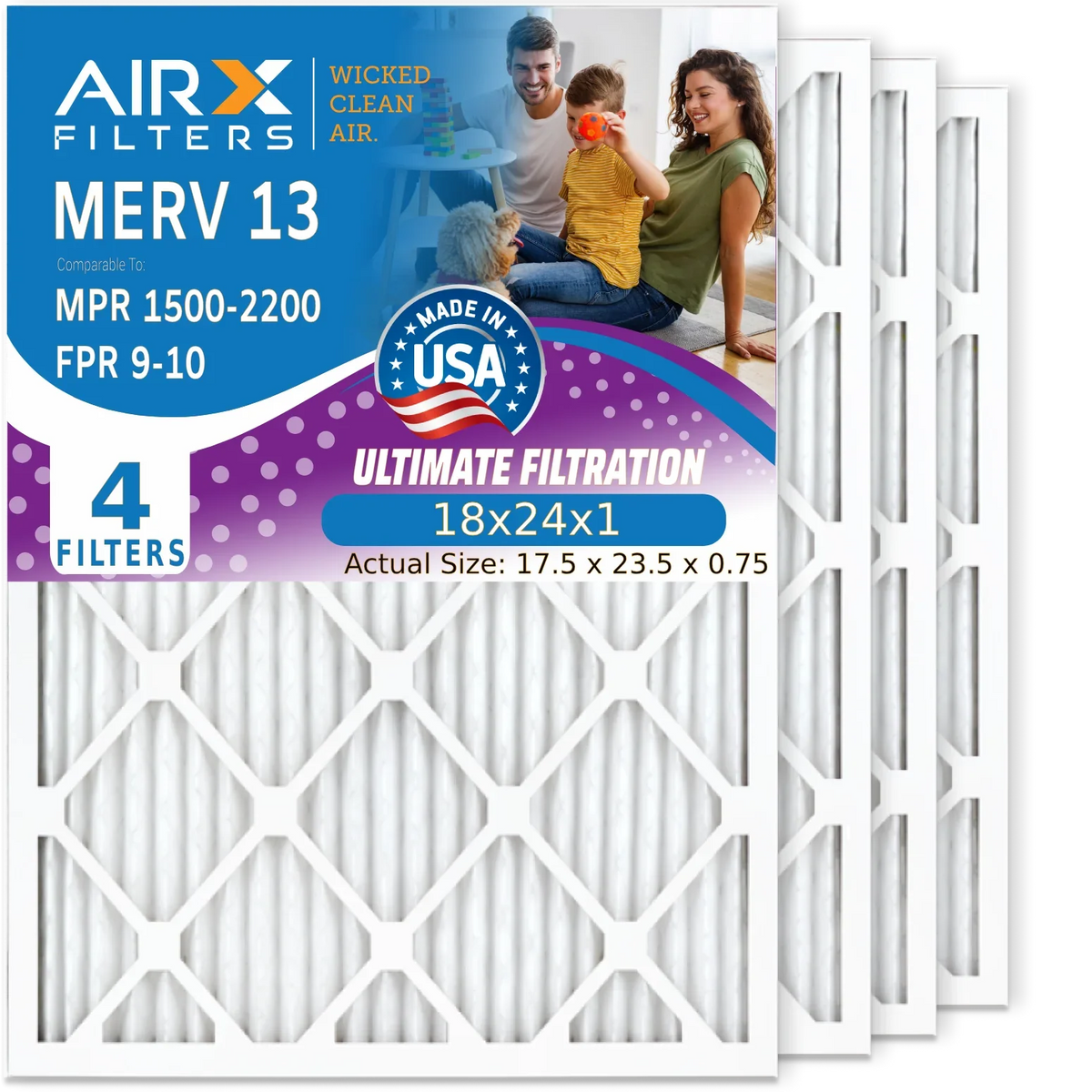 Pleated 18x24x1 2200 by Conditioner 13 AC MERV 9 Filter FPR CLEAN AIR. Filters Filter 1500 Premium AIRX FILTERS MPR Pack Made 4 & Electrostatic Comparable to - HVAC WICKED USA Furnace Air 18x24x1 Air