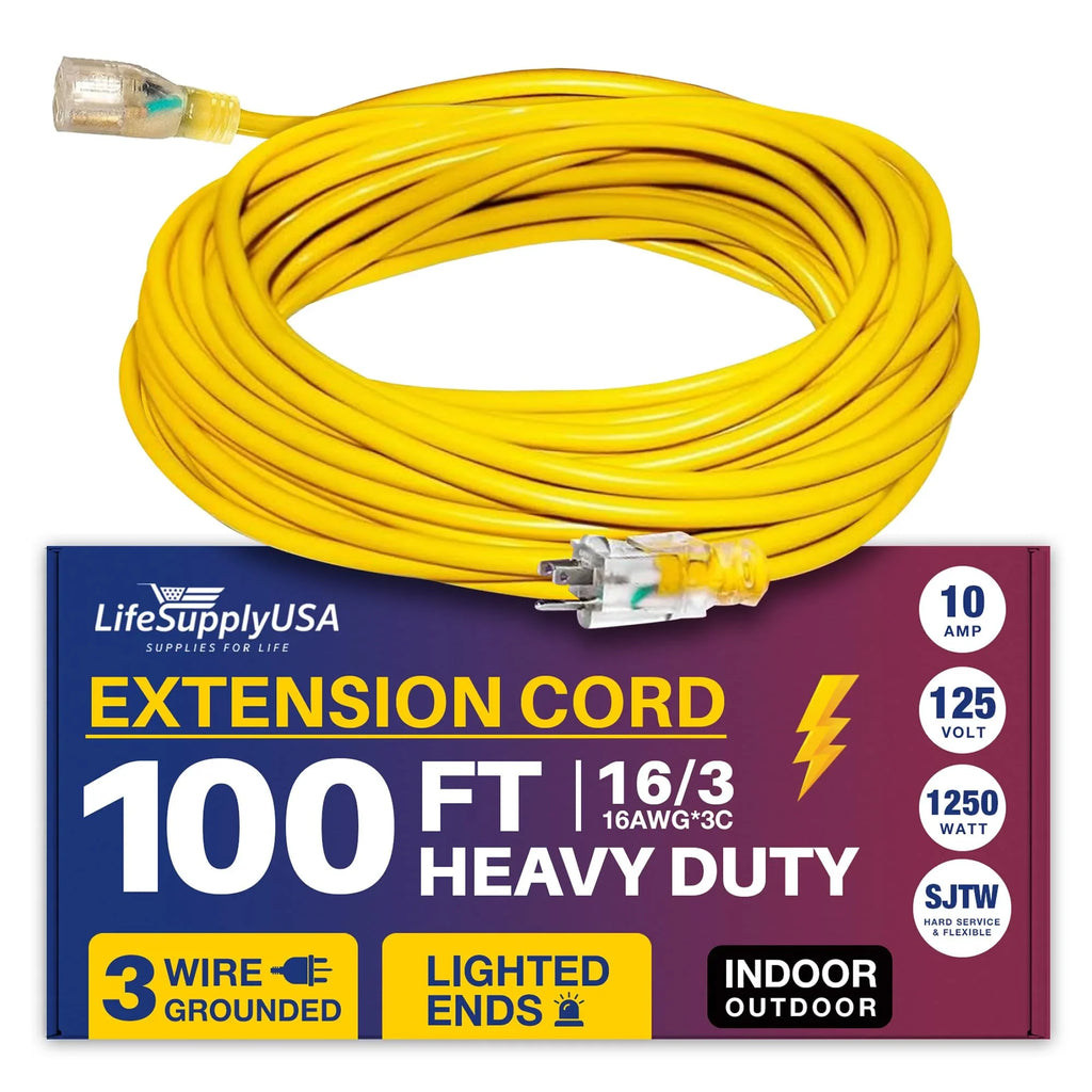 Yellow 3 Gauge, 1250W, Durable , & Flexible, Abrasion Oil 16 Cord 100 & Extension Lighted, Plug 125V, ft Smart - Fits. Prong, Use, 10 Outdoor Indoor LifeSupplyUSA Defensive,