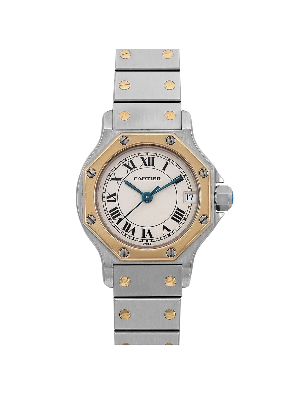 Steel 18K Santos (Good) Gold Octagon Cartier Cream 187903 Watch Yellow Pre-owned